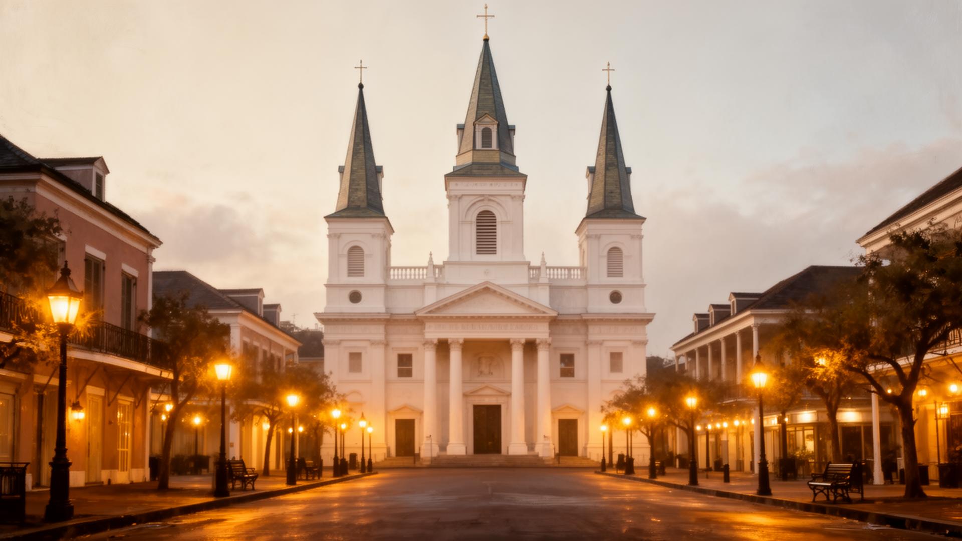 Atmospheric view of St. Louis Cathedral at dusk